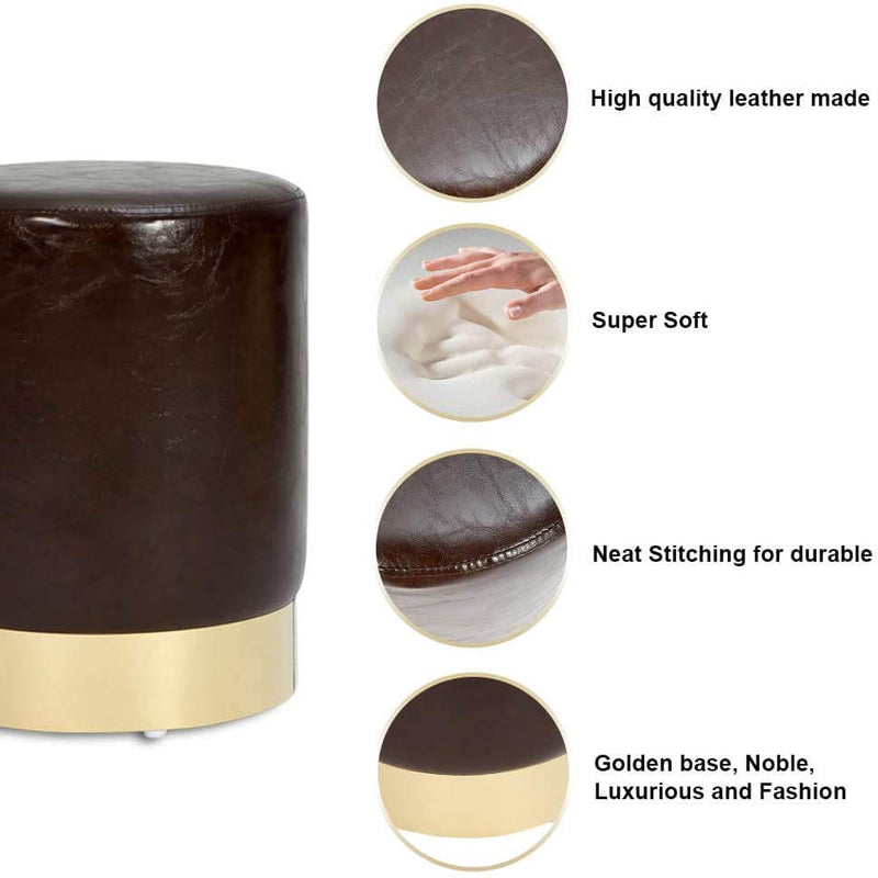 Round PU Leather Ottoman Foot Stool Footrest, Soft Compact Padded Stool, Living Room Bedroom Decorative Furniture, Brown