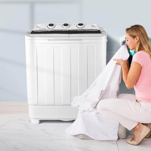 HOMHUM Portable Mini Compact Twin Tub Washing Machine w/Wash and Spin Cycle, 17lbs 2IN1 Washer Spin Dryer, White/Black