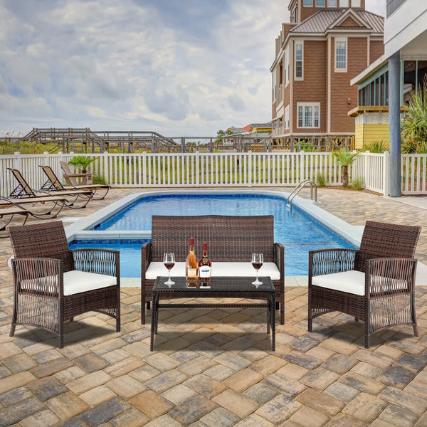 4-Piece Wicker Patio Chairs Furniture Set, PE Rattan Sectional Sofa Conversation Set with Cushions & Tempered Glass Tabletop