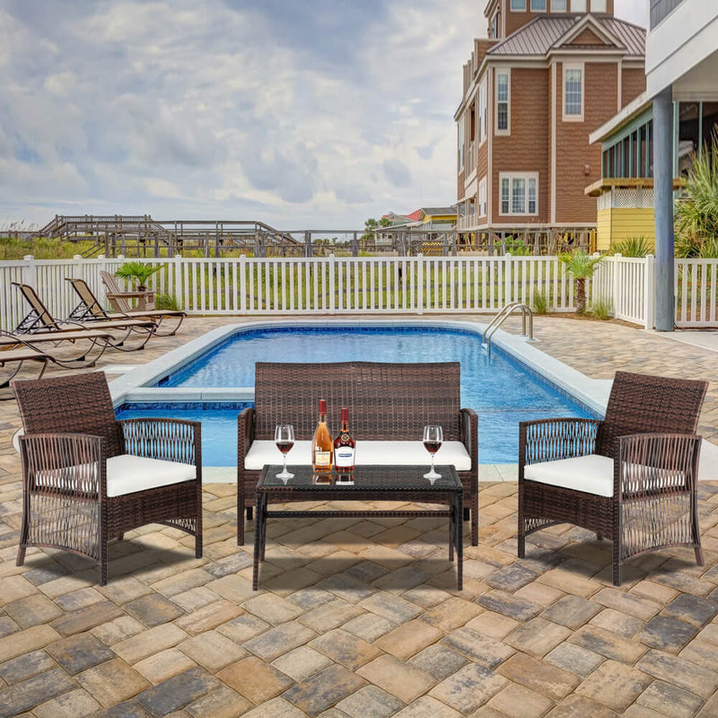 4-Piece Wicker Patio Chairs Furniture Set, PE Rattan Sectional Sofa Conversation Set with Cushions & Tempered Glass Tabletop