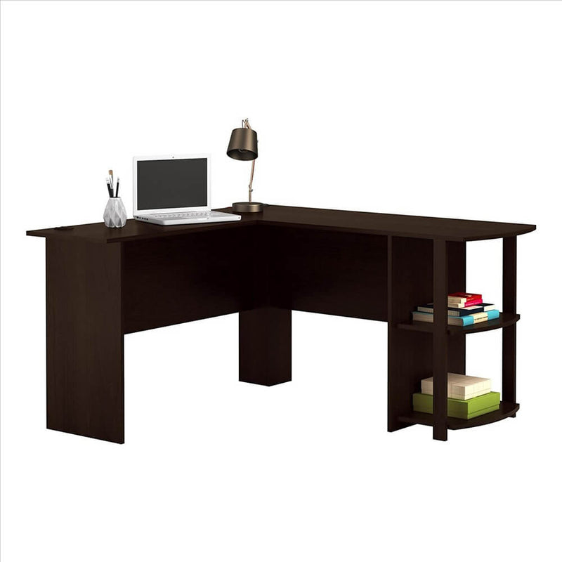 L-Shaped Computer Desk with Two-layer Bookshelves Dark Brown