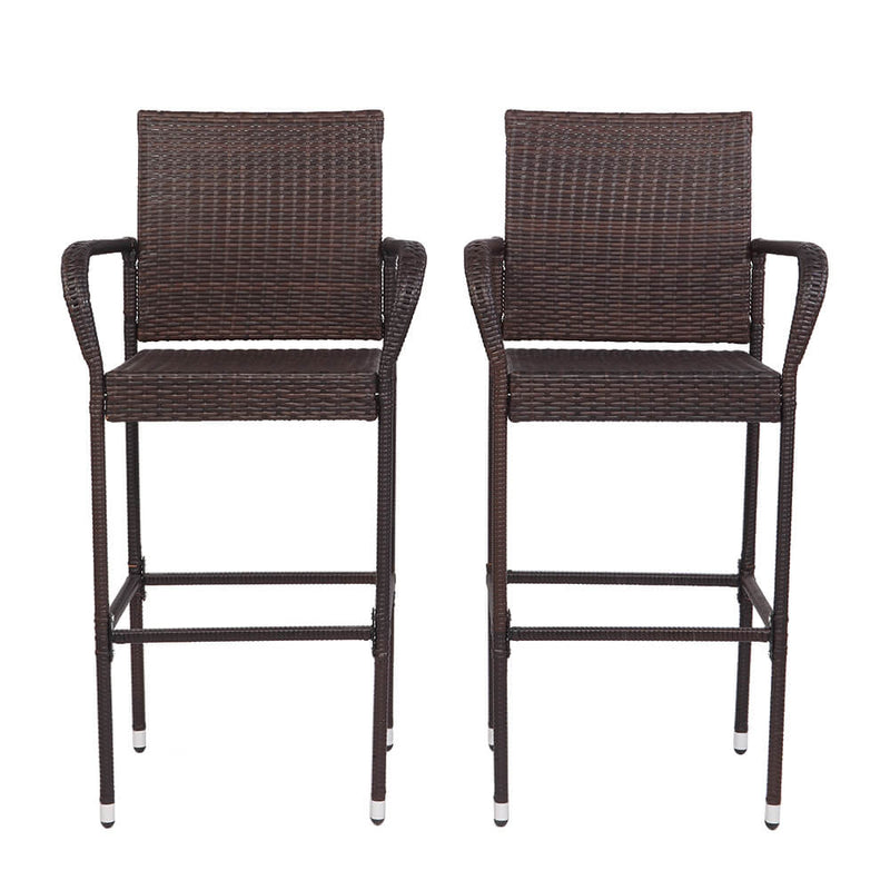 2 Pieces Rattan Bar Chair Patio Stool With Cushion Brown