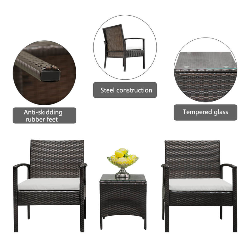3-Piece Wicker Patio Dining Furniture Set, Rattan Sofa Conversation Set, Arm Chairs Coffee Table with Cushions & Tempered Glass Tabletop