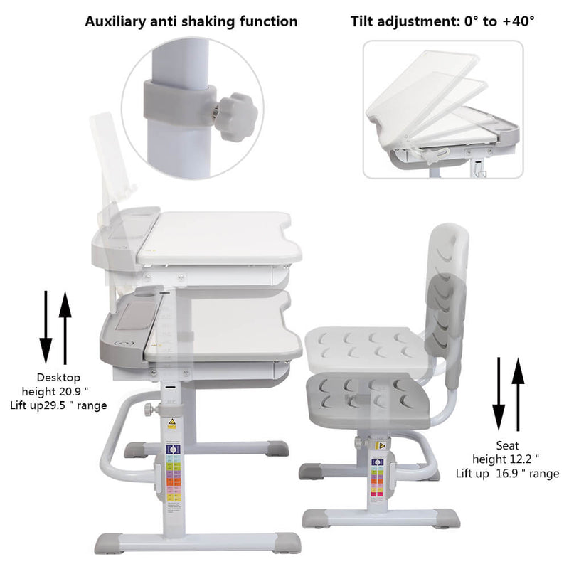 Lifting Table Can Tilt Children Learning Table and Chair Gray with Reading Stand