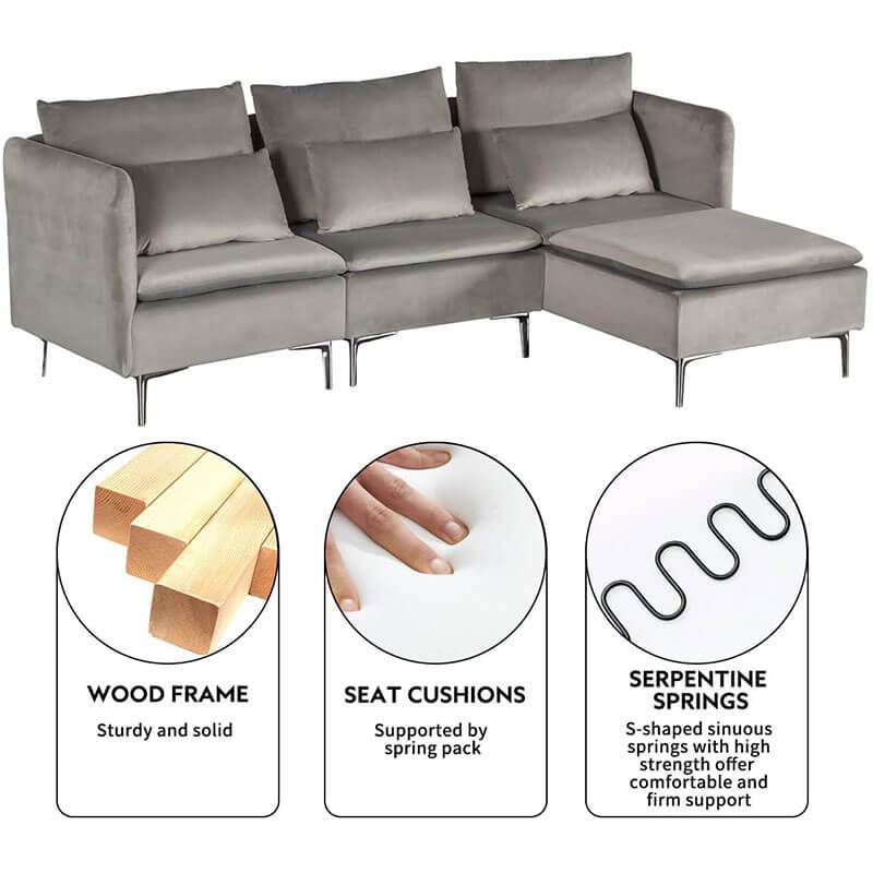 Convertible 3-Seat Sectional Sofa L-Shaped Couch Light Gray