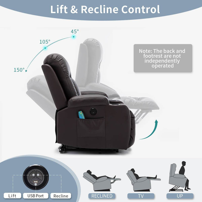 Power Lift Recliner Chair with Massage & Heat for Elderly, PU Leather Electric Recliner with 2 Side Pockets, Cup Holders & USB Port (Brown)