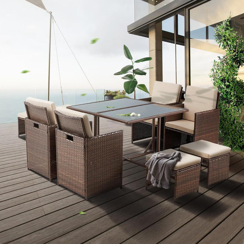 9 Pcs Patio Dining Set Space Saving Rattan Outdoor Sectional Furniture w/ Ottoman, Cushion & Dust Cover