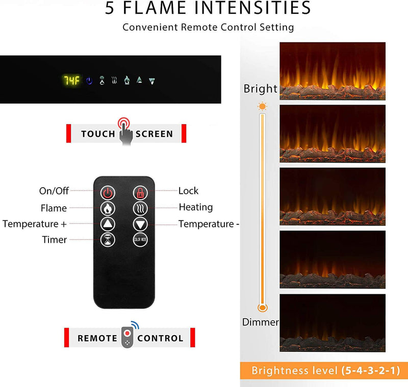 36" Recessed Mounted Electric Fireplace with Timer & Auto-shutoff, 750/1500W
