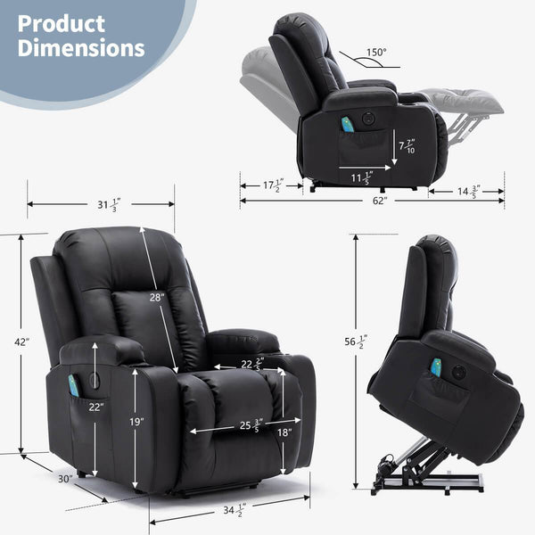 Power Lift Recliner Chair with Massage & Heat for Elderly, PU Leather Electric Recliner with 2 Side Pockets, Cup Holders & USB Port (Black)