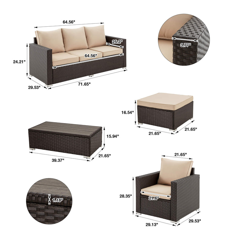 6 Pieces Weaving Wicker Rattan Sofa with Coffee Table,Outdoor Set Furniture Khaki