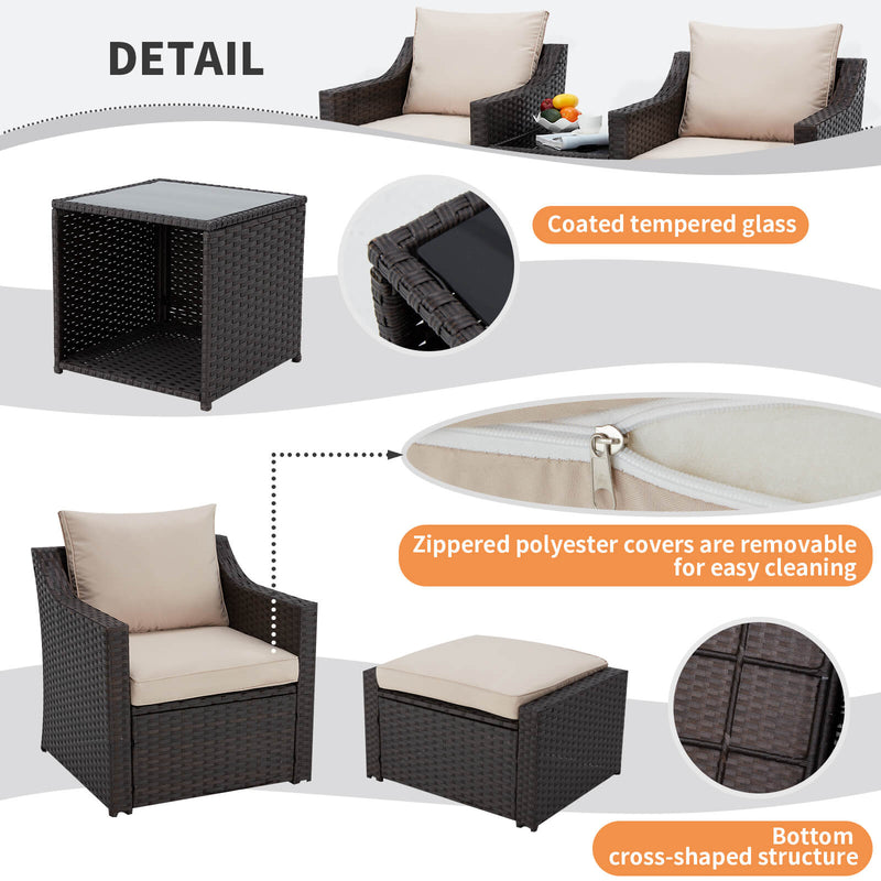 5 Piece Outdoor Patio Furniture Conversation Set with Ottoman, Khaki