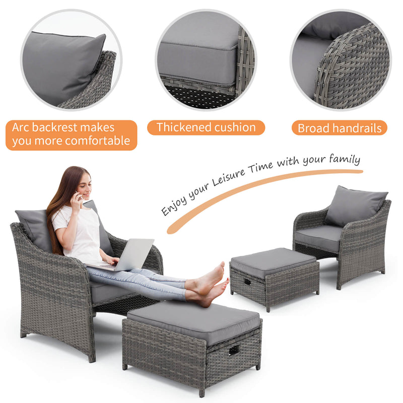 5 Pcs Patio Wicker Recliner Lounge Chair Set with 2 Ottomans, Grey Cushion & Coffee Table