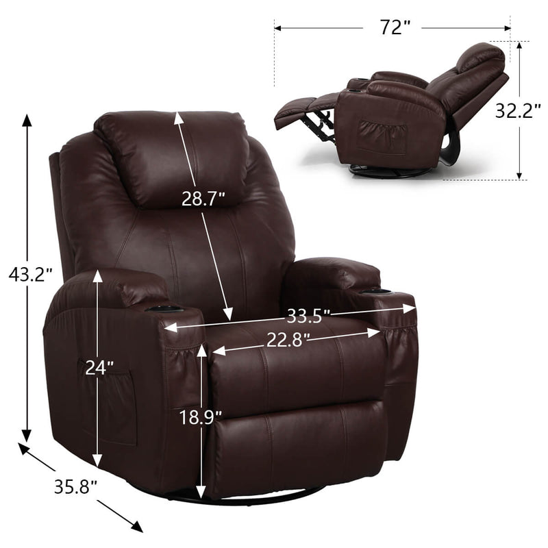 Massage Recliner Chair Heated PU Leather Ergonomic Lounge 360 Degree Swivel, Brown