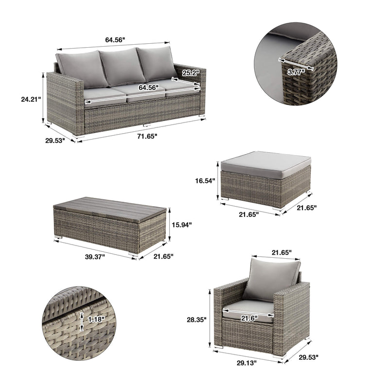 6 Pieces Wicker Patio Furniture Sets with Coffee Table, Outdoor Set Furniture Gray