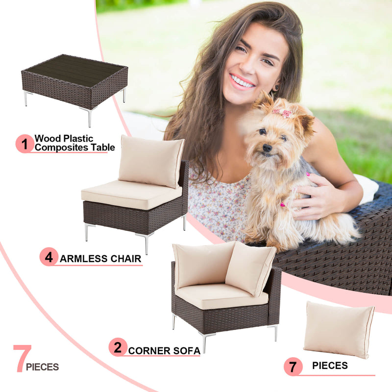 7 Pcs Outdoor Wicker Sectional Sofa All-Weather Furniture Set with Cushion/Tea Table
