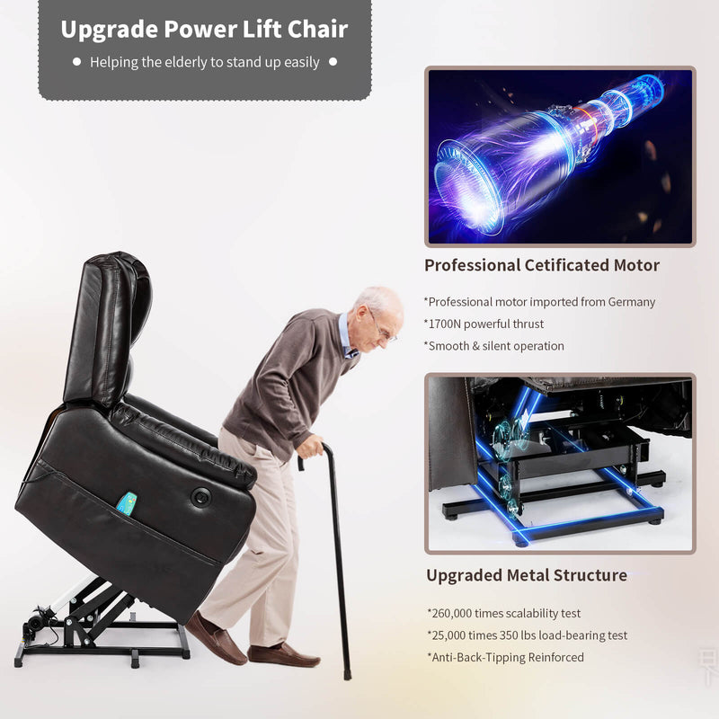 Power Lift Recliner Chair with Massage & Heat for Elderly, Breath Leather Electric Recliner with 2 Side Pocket & USB Port (Coffee)