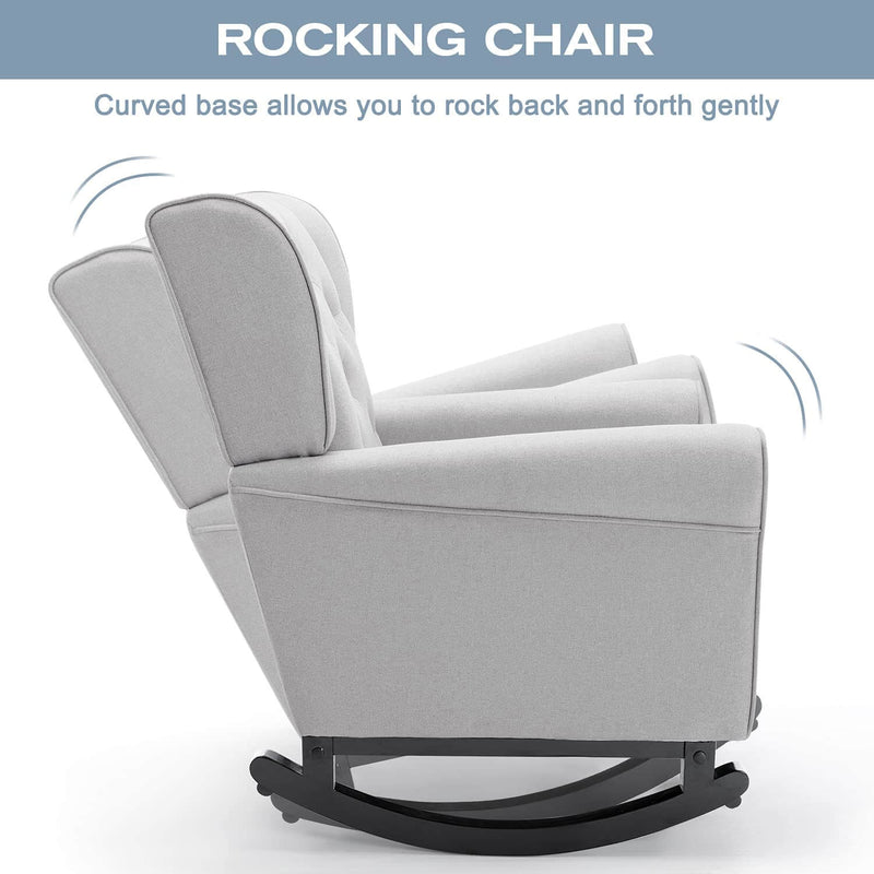 Mid Century Modern Rocking Chair, Tufted Upholstered Glider with High Back, Gray