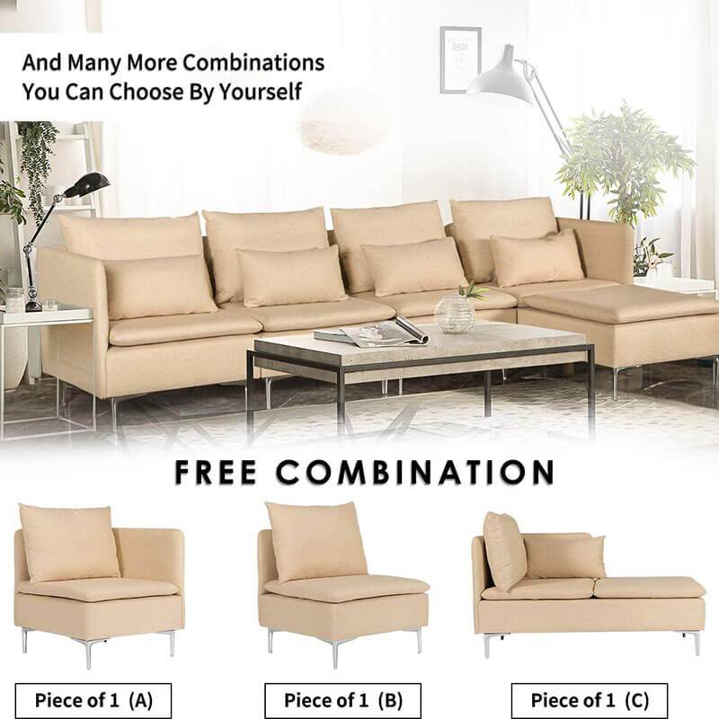 Convertible 3-Seat Sectional Sofa L-Shaped Couch Beige