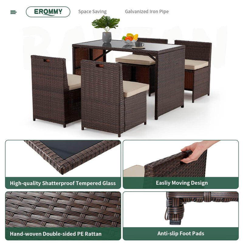 5 Pcs Outdoor Sectional Dining Set Rattan Table & Chairs w/ Seat Cushion, Glass Tabletop