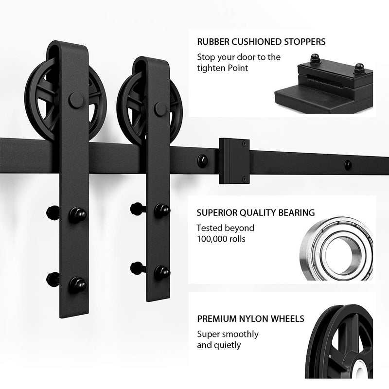 Single Door Hardware Basic Black Big Spoke Wheel Roller Kit 5-10 FT