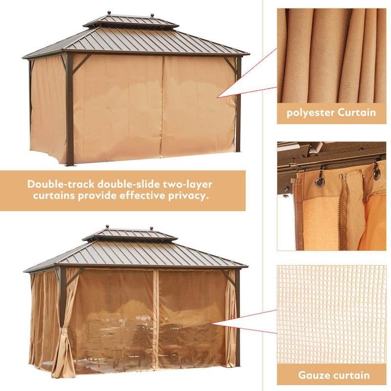 10' x 13' Patio Hardtop Gazebo Galvanized Steel, Double-Roof Gazebo Pergolas Aluminum Frame with Netting & Curtains