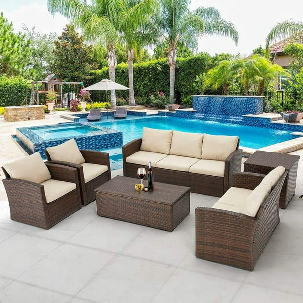 AECOJOY 6 Pieces Outdoor Furniture Set with Storage in Beige