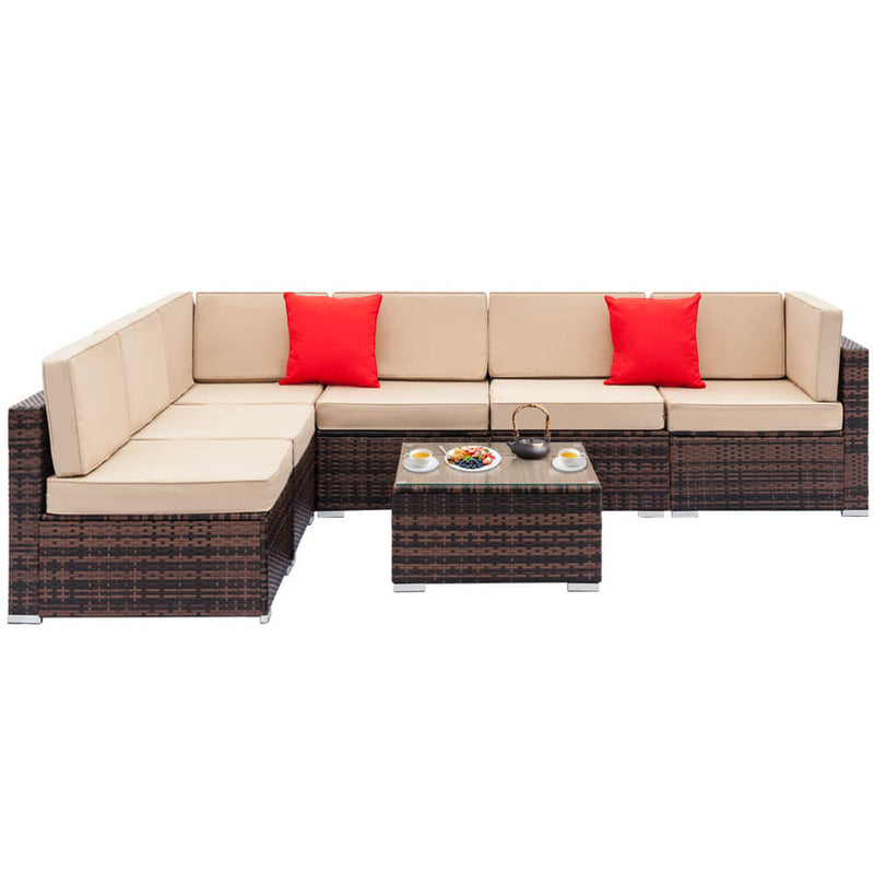 7 Pieces Sectional Rattan Sofa Set with 2pcs Corner Sofas & 4pcs Single Sofas & 1 pcs Coffee Table Brown Gradient