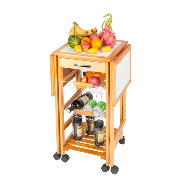 Portable Rolling Drop Leaf Kitchen Storage Trolley Cart Island Sapele Color