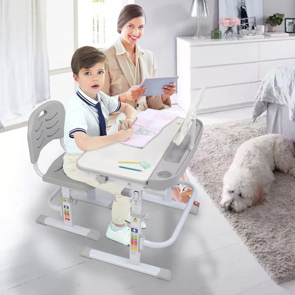 Lifting Table Can Tilt Children Learning Table and Chair Gray with Reading Stand