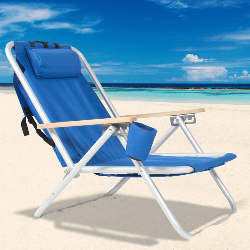 Backpack Folding Beach Chair, Camping Pool Chairs with Armrest & Padded Headrest Cup Holder Blue