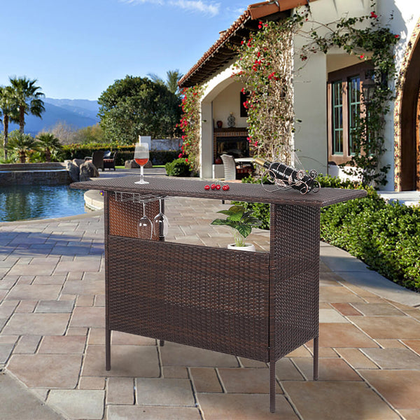 Long Rattan Bar Table Top Iron Mesh Compartment