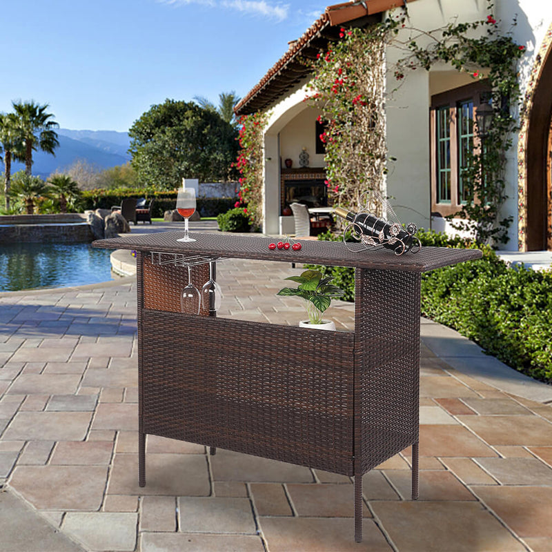 Long Rattan Bar Table Top Iron Mesh Compartment