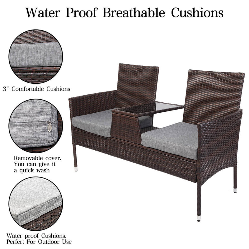 Double Siamese Rattan Chair Outdoor Garden Patio Furniture Brown Cushions