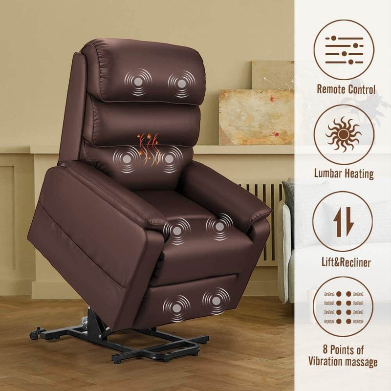 Dual Motor Electric Power Recliner Lift Chair, Linen Fabric Electric Recliner for Elderly, Heated Vibration Massage Sofa with Side Pockets & Remote Control, Red Brown