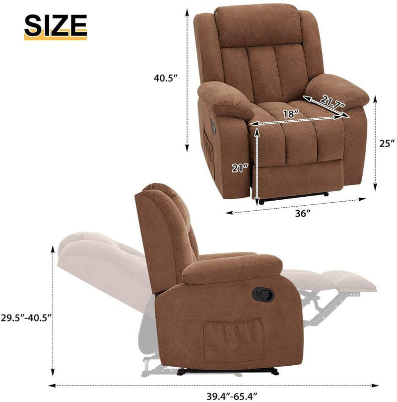 Massage Recliner Chair Fabric Heated Ergonomic Lounge Chair Overstuffed Reclining Chair Single Sofa for Living Room, Remote Control, Chocolate