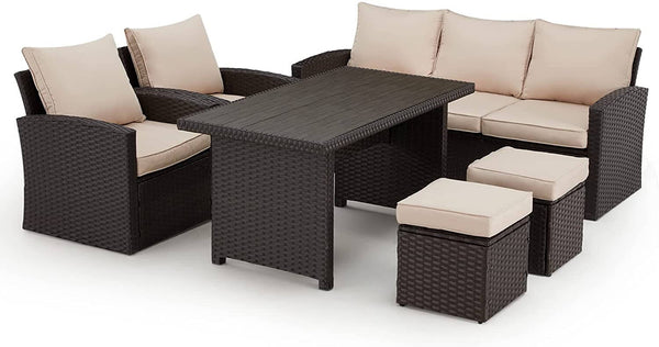 6 Pcs Patio Dining Sofa Set, All Weather Wicker Rattan Dining Set with Ottoman, Beige