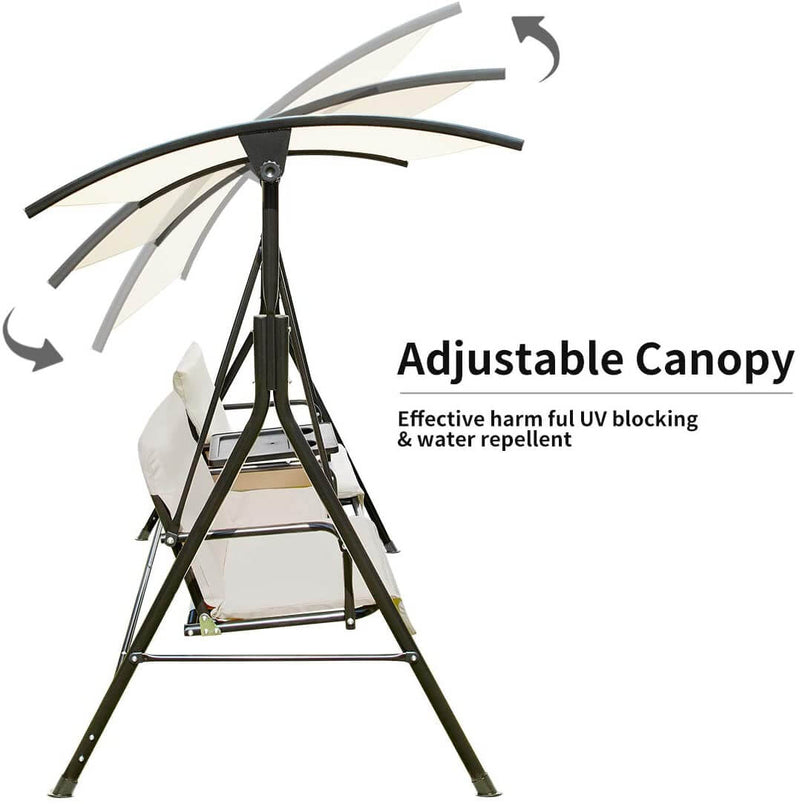 2 Person Patio Porch Swing Outdoor Swing Chair with Adjustable Tilt Canopy, Table and Storage Console, Beige