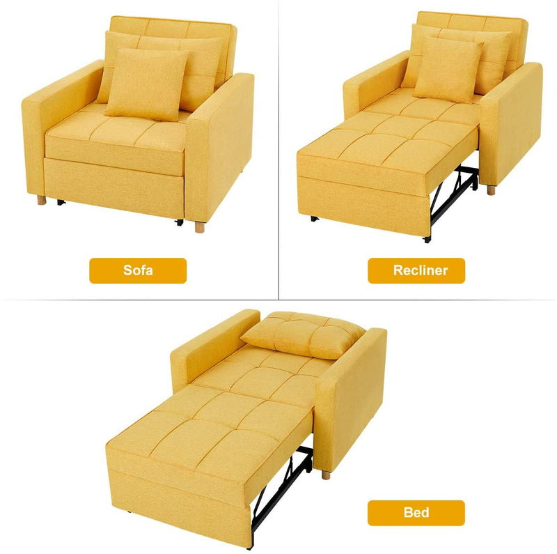 Sofa Bed 3-in-1 Convertible Chair Multi-Functional Adjustable Recliner, Sofa, Bed, Modern Linen Fabric, Yellow