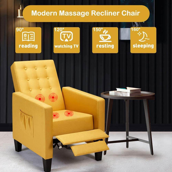 Mid-Century Modern Fabric Recliner with Vibrated Massage, Push Back Recliner Chair w/Side Pocket and Button Tufted Back Single Sofa Chair for Living Room, Yellow