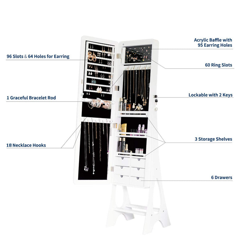 Floor Standing Jewelry Armoire Jewelry Cabinet with Frameless Full Length Mirror, Large Capacity Dressing Mirror Makeup Jewelry Organizer
