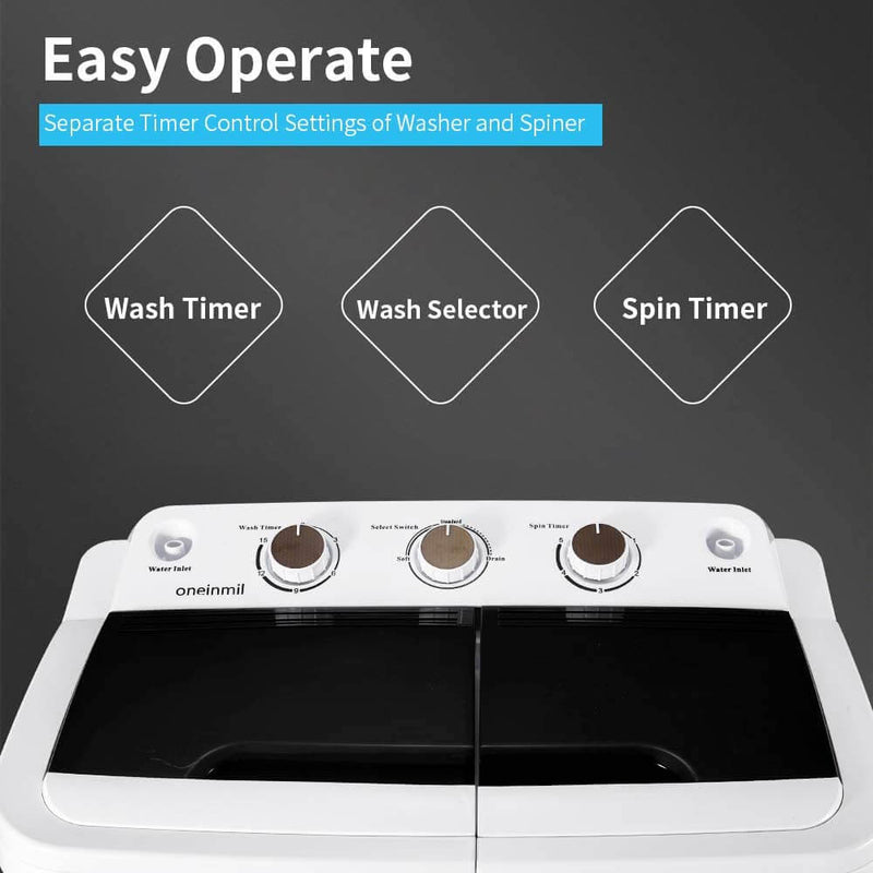 HOMHUM Portable Mini Compact Twin Tub Washing Machine w/Wash and Spin Cycle, 17lbs 2IN1 Washer Spin Dryer, White/Black