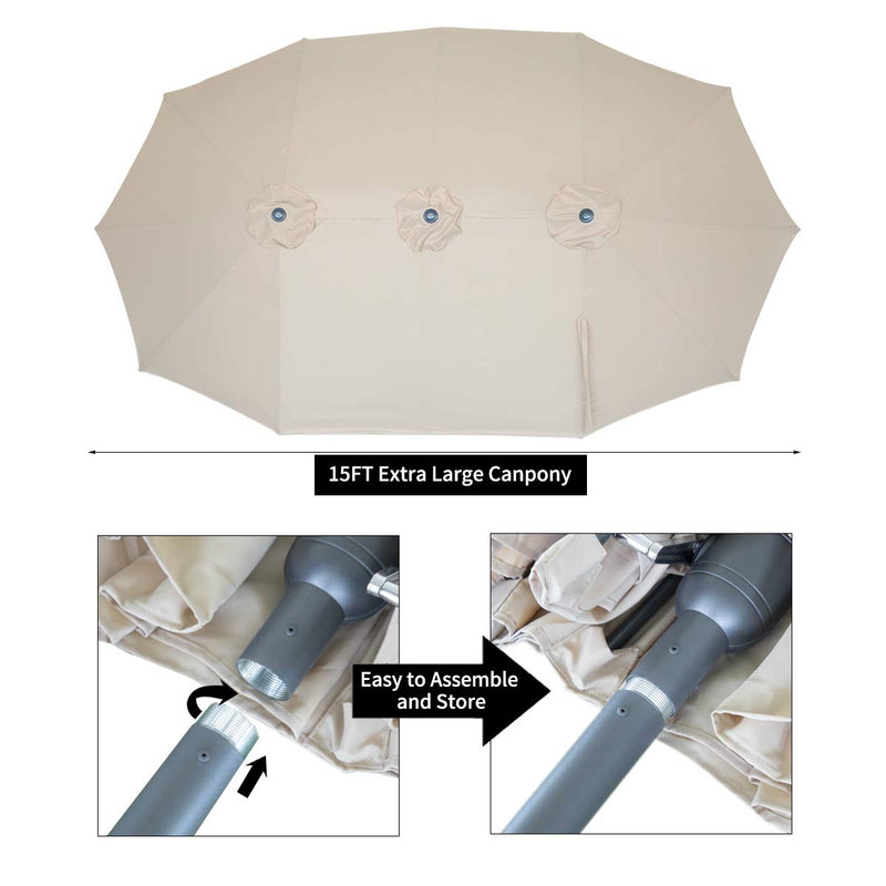 15x9ft Double-Sided Patio Umbrella, Large Market Sunbrella Table Umbrellas with Crank Air Vents (Beige)