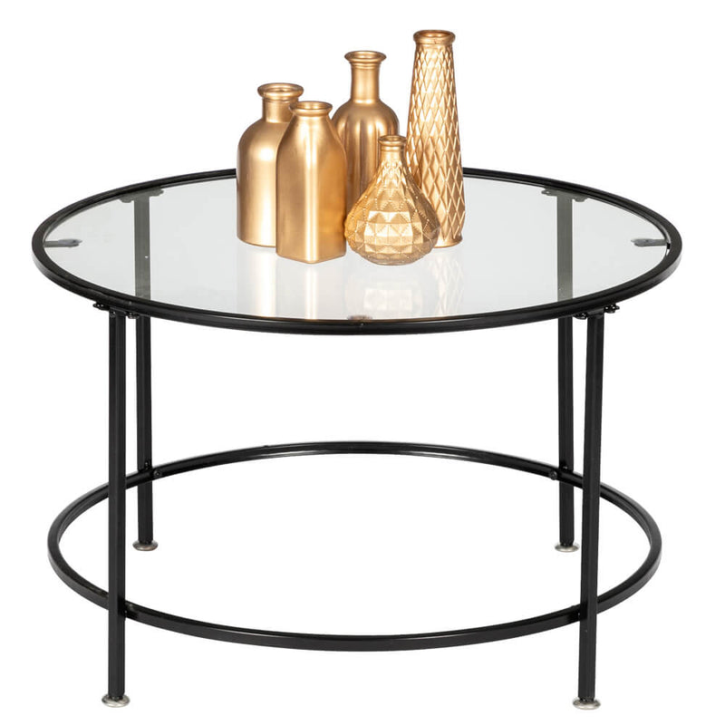 Round Wrought Iron Coffee Table 2 Layers Tempered Glass Countertops Black 36 Inches