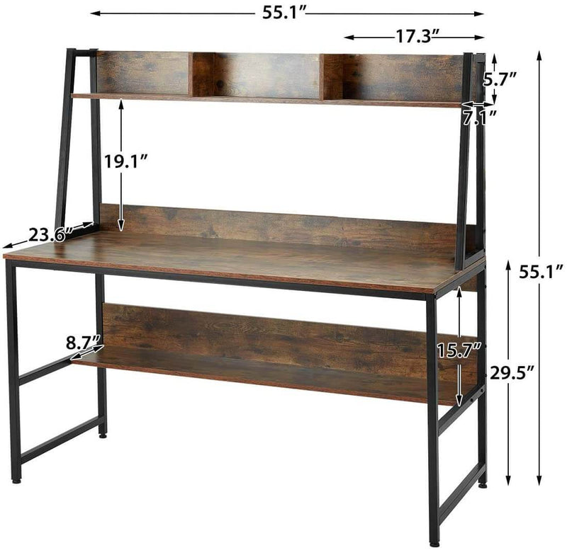 55'' Computer Desks Writing Study Table with Hutch & Bookshelf, Rustic Brown