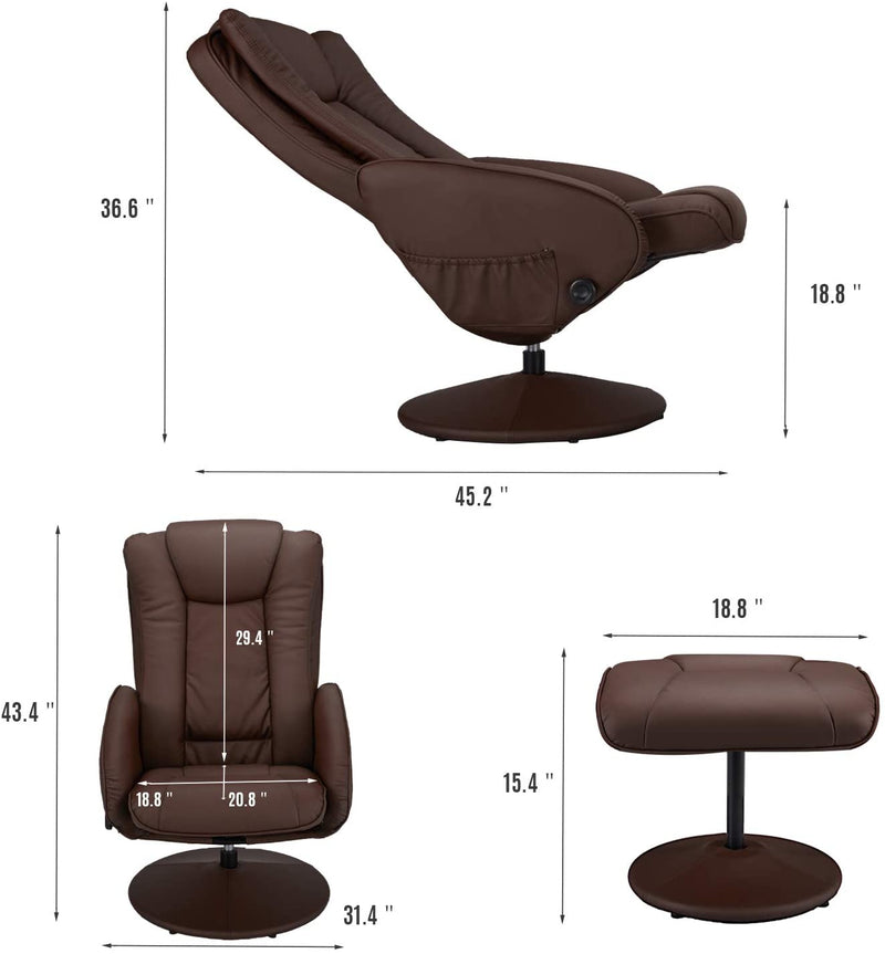 Recliner Chair and Ottoman, 360 Degrees Swivel Ergonomic Faux Leather Lounge Recliner with Footrest, Vibration Massage Lounge Chair with Side Pocket, Brown