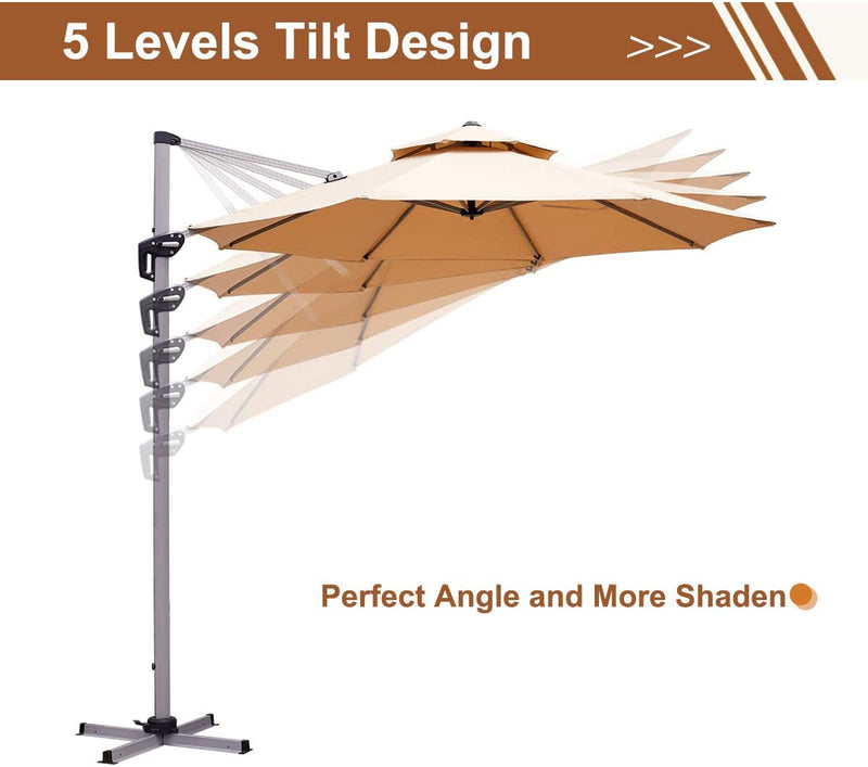 11FT Patio Umbrella Double Top Cantilever Umbrella Outdoor Offset Hanging Umbrella with Easy Tilt and 360° Rotation, Beige
