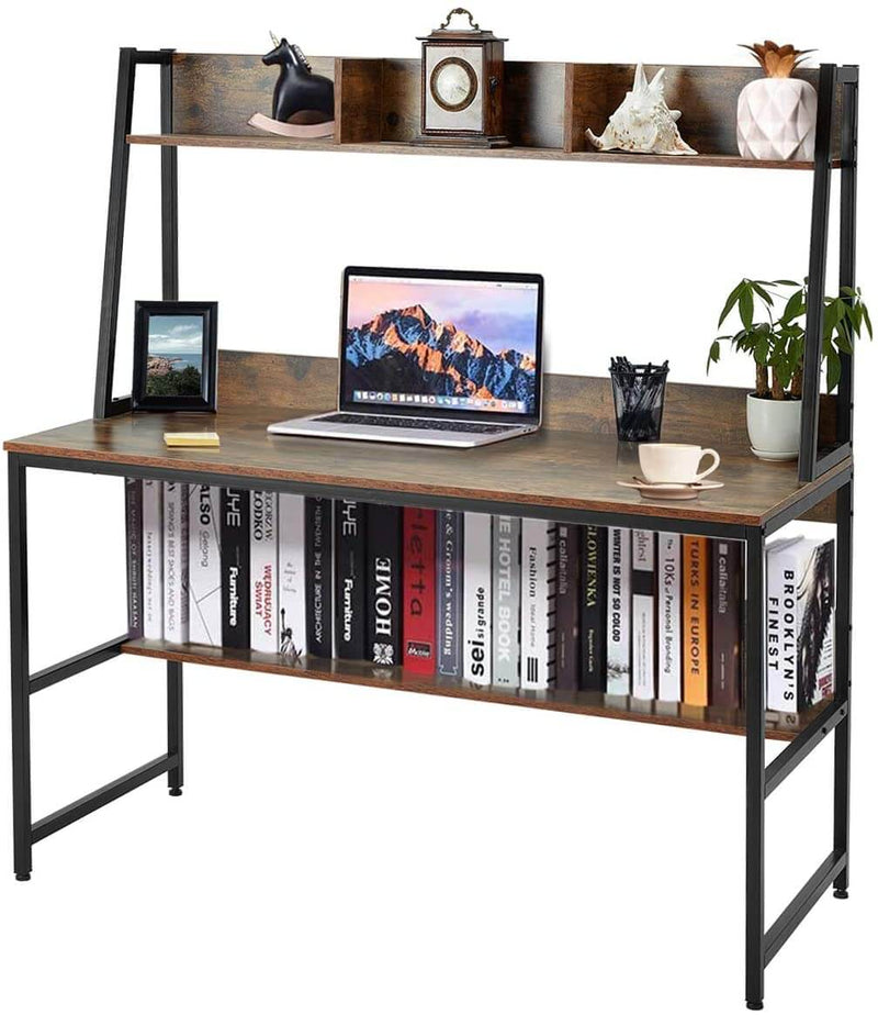 47'' Computer Desks Office Writing Table with Hutch Bookshelf, Rustic Brown