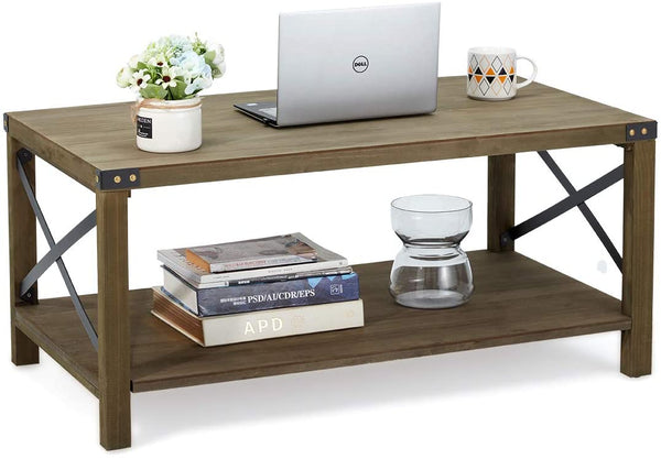 Industrial Coffee Table Wood Look Tea Table with Storage Shelf for Living Room Accent Furniture with Metal Frame, Easy Assembly