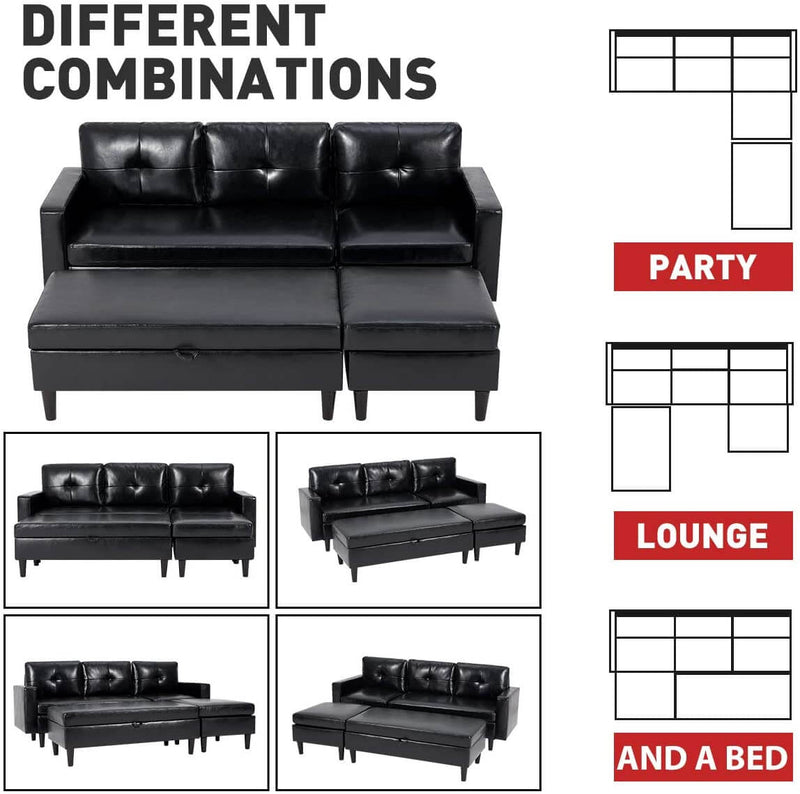 Small Black Faux Leather Sectional Sofa with Storage Ottoman and Chaise Lounge, 3-Seat Living Room Furniture Sets for Small Apartment, Black