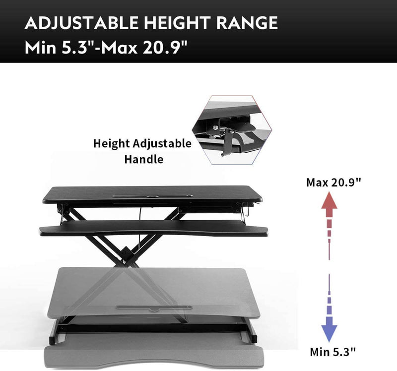 Stand Up Desk Converter 32 Inches Standing Desk Riser, Height Adjustable Home Office Desk with Deep Keyboard Tray for Laptop, Balck